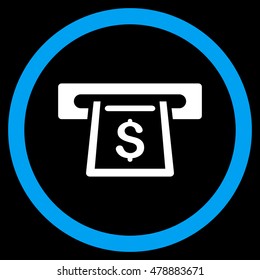 Cashout Slot vector bicolor rounded icon. Image style is a flat icon symbol inside a circle, blue and white colors, black background.