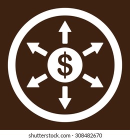 Cashout vector icon. This flat rounded symbol uses white color and isolated on a brown background.