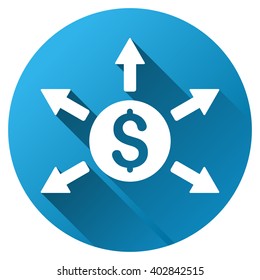 Cashout vector toolbar icon for software design. Style is a white symbol on a round blue circle with gradient shadow.