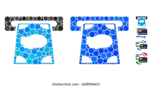 Cashpoint composition of round dots in various sizes and color hues, based on cashpoint icon. Vector round dots are grouped into blue illustration. Dotted cashpoint icon in usual and blue versions.