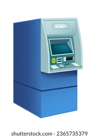 Cashpoint to get and withdraw money from account or credit card. Isolated banking systems and devices for users. ATM, automated teller machines with screen and buttons. Vector in flat styles