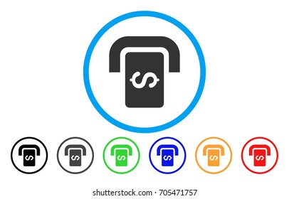 Cashpoint Terminal vector rounded icon. Image style is a flat gray icon symbol inside a blue circle. Bonus color versions are grey, black, blue, green, red, orange.