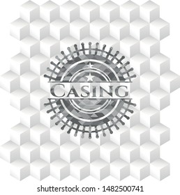 Casing grey badge with geometric cube white background