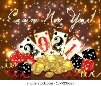 Casino 2021 new year background with poker cards, golden coins, game dice . vector illustration	