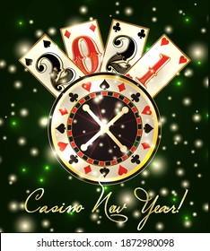 Casino 2021 new year. with poker cards and roulette. vector illustration
