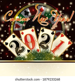 Casino 2021 new year wallpaper with poker cards and casino roulette. vector illustration	