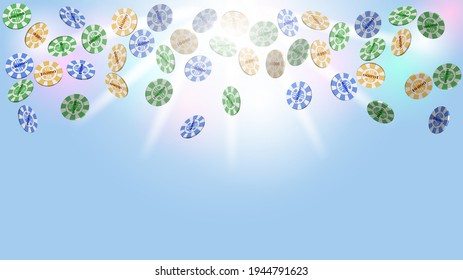 Casino 3D chips are falling from above against a bright radiant blue background. 10000, 50000 and 100000 dollars denomination