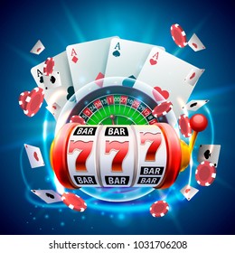 Casino 3d Cover, Slot Machines And Roulette With Cards, Scene Background Art. Vector Illustration