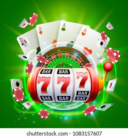 Casino 3d cover, slot machines and roulette with cards, Scene background art. Vector illustration