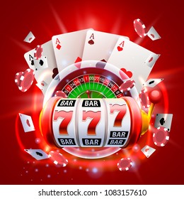 Casino 3d cover, slot machines and roulette with cards, Scene background art. Vector illustration