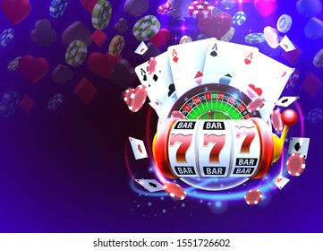 Casino 3d cover, slot machines and roulette with cards, Scene background art. Vector illustration