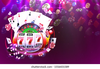 Casino 3d cover, slot machines and roulette with cards, Scene background art. Vector illustration