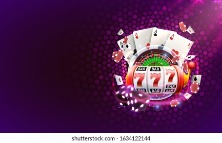 Casino 3d cover, slot machines and roulette with cards, Scene background art. Vector illustration