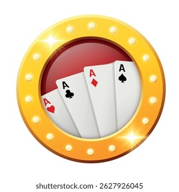 Casino 3D icon. Casino element in gold frame with light bulbs. Vector clipart.