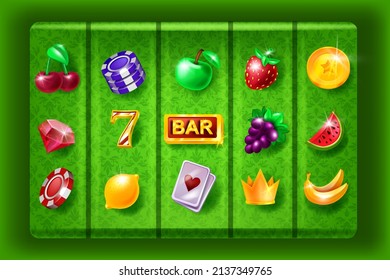 Casino 5-reel Slot Game, Vector Gambling Machine Icons Set, 3D Vegas Classic Badge Kit, Fruit, Chips, Crown. Online Entertainment UI Background, Lucky Gold Prize, Bar, Cards. Casino Icon Collection