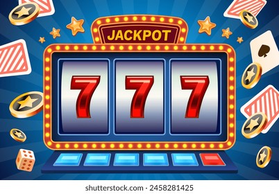 Casino 777 banner slots machine winner, jackpot fortune of luck. Vector illustration