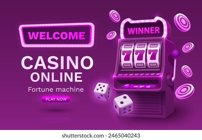 Casino 777 banner slots machine winner, jackpot fortune of luck. Vector illustration