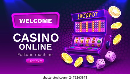 Casino 777 banner slots machine winner, jackpot fortune of luck. Vector illustration