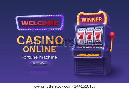 Casino 777 banner slots machine winner, jackpot fortune of luck. Vector illustration