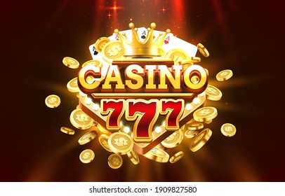 Casino 777 label frame, golden banner, border winner, Vegas game. Vector illustration