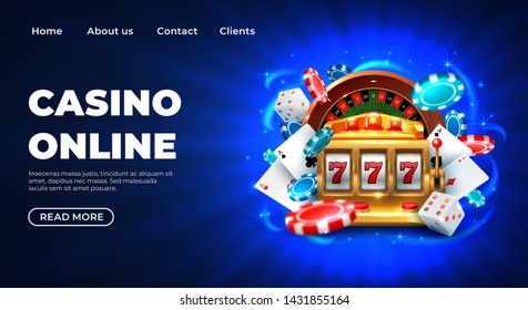 Casino 777 slot machine landing page template. Gambling Casino landing page. Gambling roulette website big lucky prize, realistic 3D vector illustration 777 slot machine template. Happy gambler play
