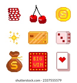  Casino 8-bit icons set. Pixel art. Old school computer graphic style. Games elements.