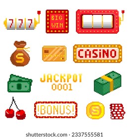  Casino 8-bit icons set. Pixel art. Old school computer graphic style. Games elements.