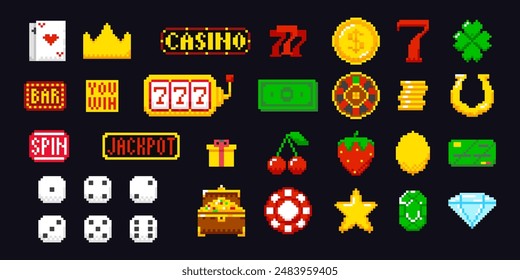 Casino 8-Bit-Symbole gesetzt. Retro Spielautomaten-Stil für Spiel, Pixel Art Casino Jackpot-Zeichen. 