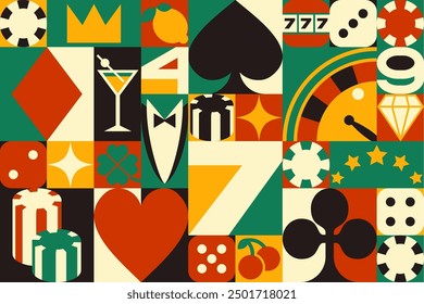 Casino abstract geometric pattern vector background. Casino poker game cards, slot machine and gambling sport online betting, roulette, chips and dice, abstract geometric composition retro pattern