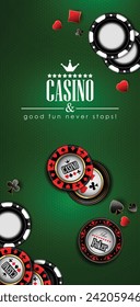 Casino advertising design with casino chips on a green background. 3D vector. High detailed realistic illustration.