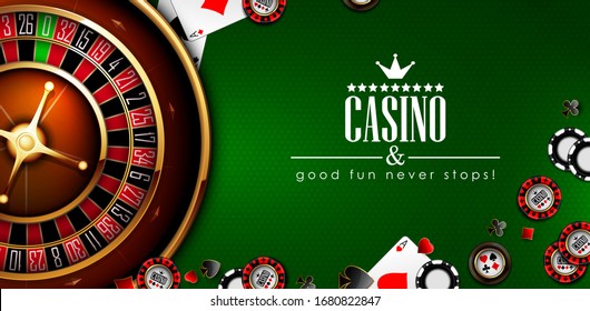 Casino advertising design with roulette, playing chips and cards. Highly realistic illustration.