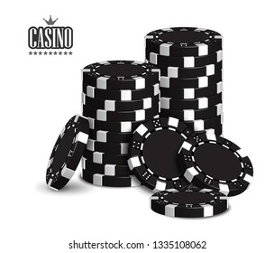 Casino advertising design with a set of black playing chips on a white background.  3D vector. High detailed realistic illustration.