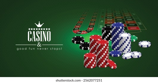 Casino advertising design with a set of multicolored playing chips on a green background. 3D vector. High detailed realistic illustration.