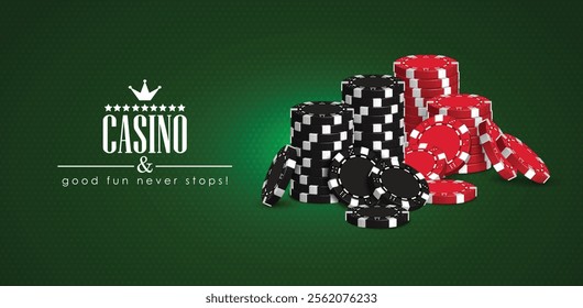 Casino advertising design with a set of red and black playing chips on a green background. High detailed realistic illustration.