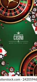 Casino advertising design with a tape measure and casino chips on a green background. 3D vector. High detailed realistic illustration.