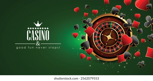 Casino advertising design with a tape measure and casino chips on a green background. 3D vector. High detailed realistic illustration.