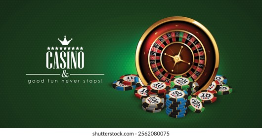 Casino advertising design with a tape measure and casino chips on a green background.  High detailed realistic illustration.