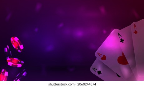 Casino advertising neon banner design with playing cards and casino chips on purple background.