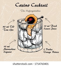 Casino alckoholic cocktail recipe vector hand-drawn sketch with maraschino cherry and orange