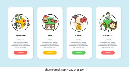 Casino App Screens Cards Set Include of Bet, Spin, Roulette and Card Games. Vector illustration of Card