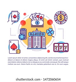 Casino article page vector template. Las Vegas. Gambling, games of chance. Poker, slots, betting. Brochure, magazine, booklet element with linear icons and text. Print design. Concept illustrations