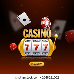 Casino Hintergrund mit 3D-Slotmaschine, Würfel, Poker Chip und Ace Cards.