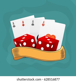 Casino background with Ace Playing Cards, Red Dices and Blank Yellow Ribbon.
