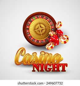 Casino background with cards, chips, craps and roulette. Vector illustration
