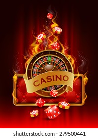 Casino background with cards, chips, craps and roulette on fire. Vector illustration.