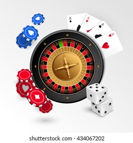 Casino background with cards, chips, craps and roulette. Vector illustration