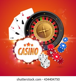 Casino background with cards, chips, craps and roulette. Vector illustration