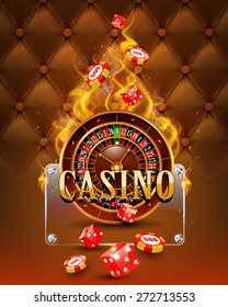 Casino Background With Chips, Craps And Burning Roulette. Vector Illustration.