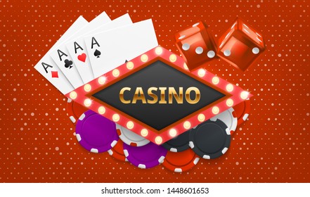 Casino background with chips, dice and cards. Concept for flyer, banner, poster. Vector illustration.