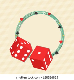 Casino background with circle frame and red dices.